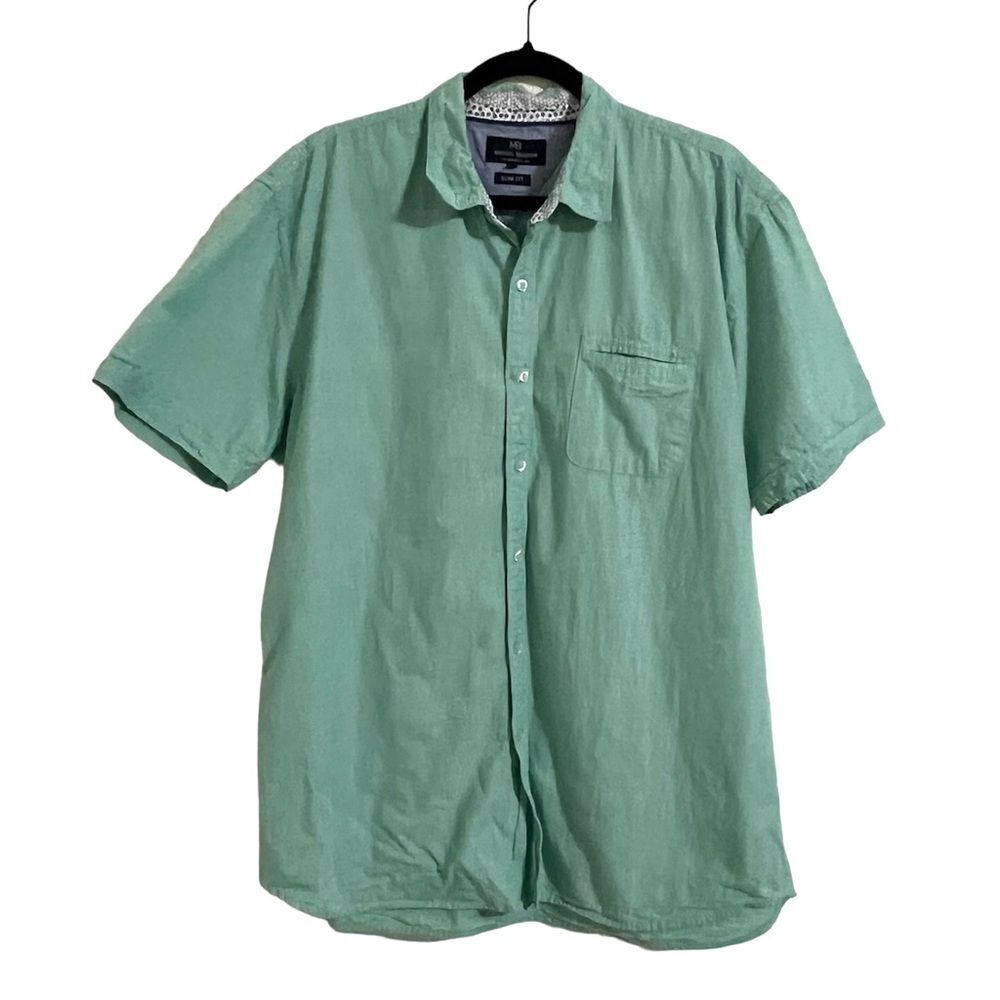 Michael Brandon Teal Button Up Short Sleeve Shirt 100% Cotton Size XXL Slim Fit